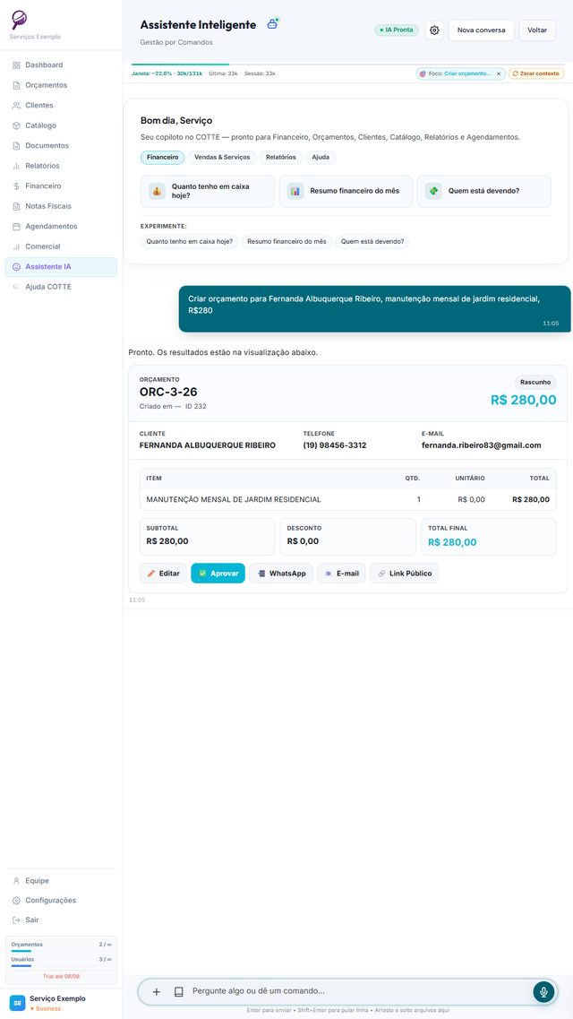 Tela real do Assistente IA do COTTE respondendo a um pedido de orçamento
